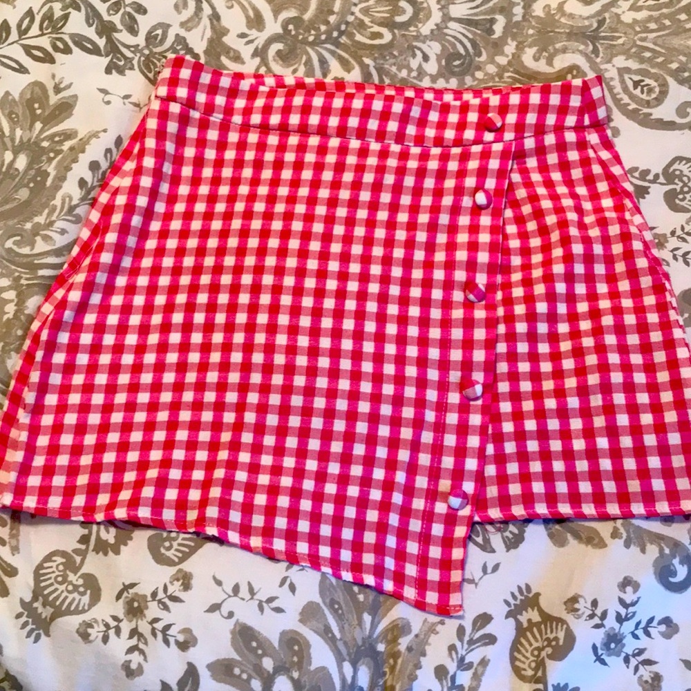hot pink and white gingham “wrap” mini skirt